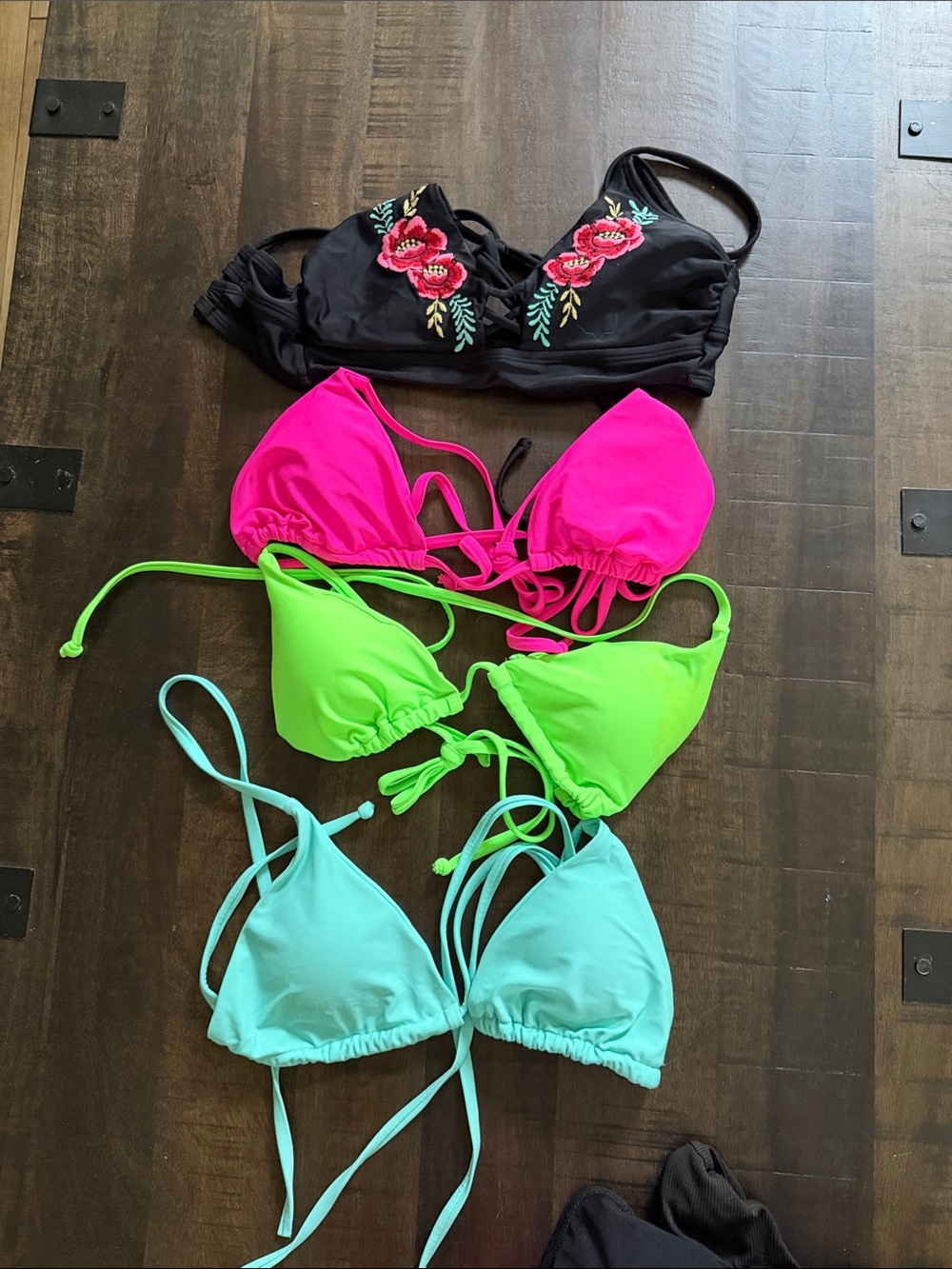 Floral Embroidered Black Bikini Top + 3 Neon Triangle Bikini Tops